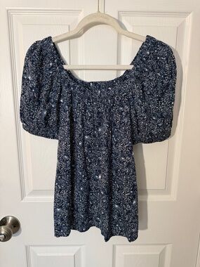 Sonoma Navy& White Floral Square-Neck Puff Sleeve Blouse, S, NWT